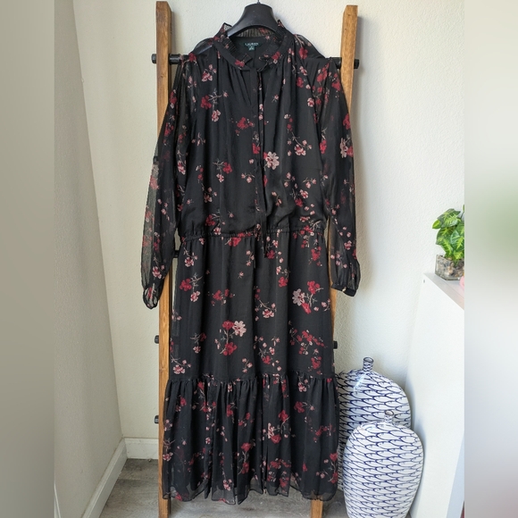 Ralph Lauren Dresses & Skirts - Ralph Lauren Black and Red Floral Long Sleeve Maxi Dress - Size 16